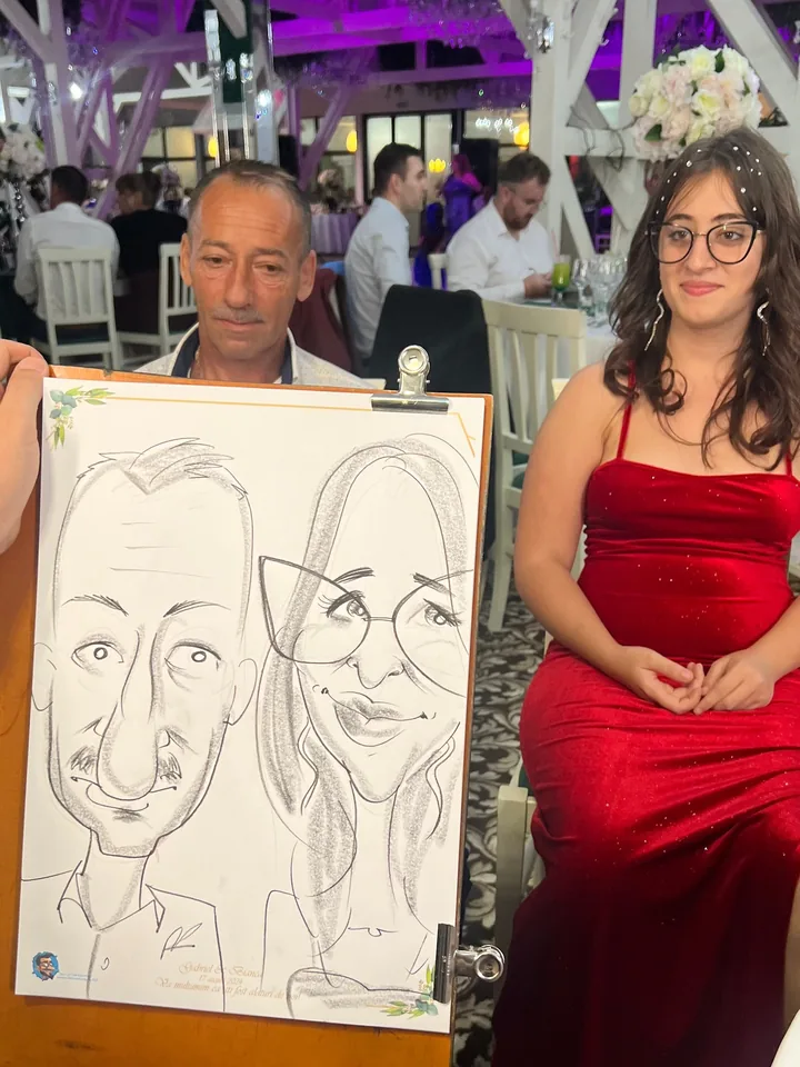 Foaie A3 cu caricatura unui copil la botez în Câmpina